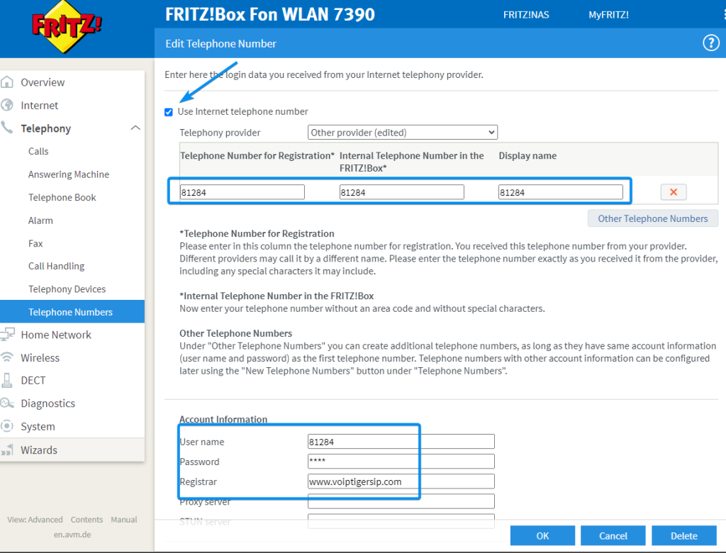 How to configure a FRITZ!Box modem VoipTiger